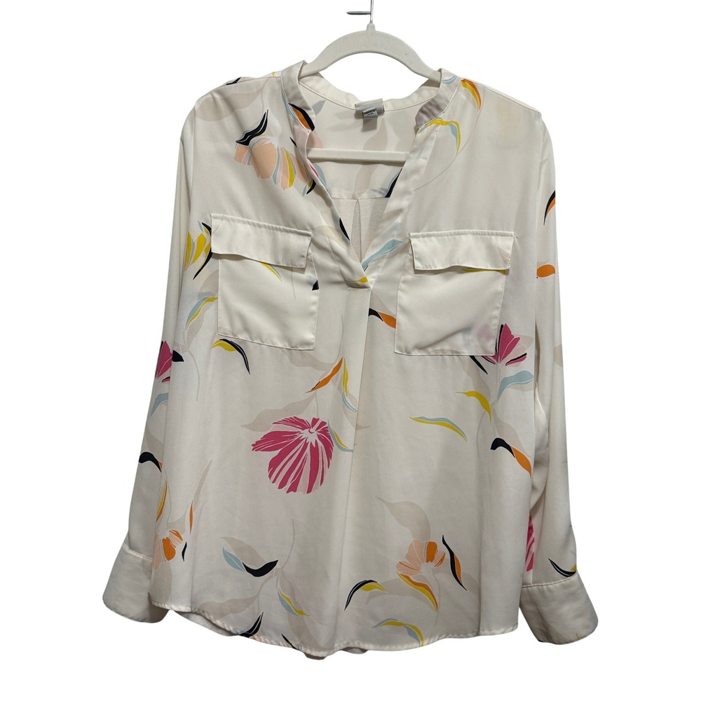 A New Day Womens Large Floral Long Sleeve Split V-Neck Blouse Cream Multi Color